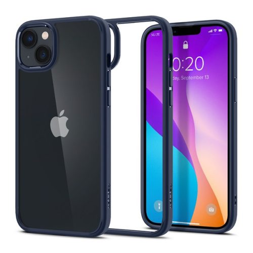 Apple iPhone 14 Plus, Szilikon tok + műanyag keret, közepesen ütésálló, Spigen Crystal Hybrid, átlátszó/sötétkék