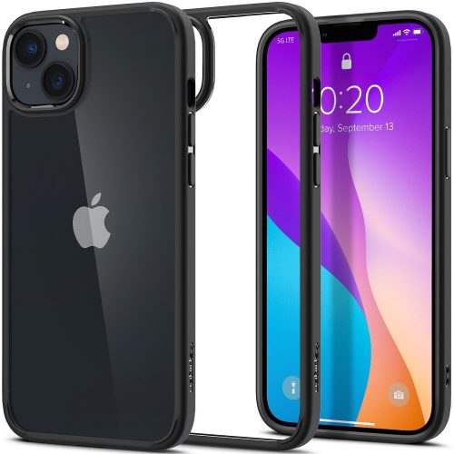 Apple iPhone 14 Plus, Szilikon tok + műanyag keret, közepesen ütésálló, Spigen Crystal Hybrid, átlátszó/fekete