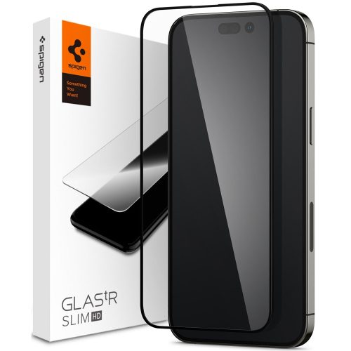 Apple iPhone 14 Pro Max, Kijelzővédő fólia, ütésálló fólia (az íves részre is!), Tempered Glass (edzett üveg), 3D Full Cover, Spigen Glastr Slim HD Full Cover, fekete