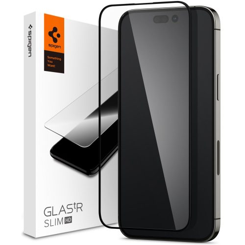 Apple iPhone 14 Pro, Kijelzővédő fólia, ütésálló fólia (az íves részre is!), Tempered Glass (edzett üveg), 3D Full Cover, Spigen Glastr Slim HD Full Cover, fekete