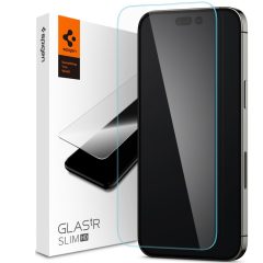   Apple iPhone 14 Pro Max, Kijelzővédő fólia, ütésálló fólia (az íves részre is!), Tempered Glass (edzett üveg), tok barát, Spigen Glastr Slim HD, Clear