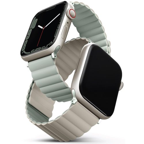 Apple Watch 1-6, SE (38 / 40 mm) / Watch 7 (41 mm), szilikon pótszíj, mágneses zár, kétszínű, két oldalas, megfordítható, Uniq Revix, zsálya/szürke