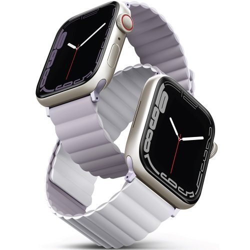 Apple Watch 1-6, SE (42 / 44 mm) / Watch 7-8 (45 mm) / Watch Ultra (49 mm), szilikon pótszíj, mágneses zár, kétszínű, két oldalas, megfordítható, Uniq Revix, lila/fehér