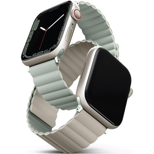 Apple Watch 1-6, SE (42 / 44 mm) / Watch 7-8 (45 mm) / Watch Ultra (49 mm), szilikon pótszíj, mágneses zár, kétszínű, két oldalas, megfordítható, Uniq Revix, zsálya/szürke