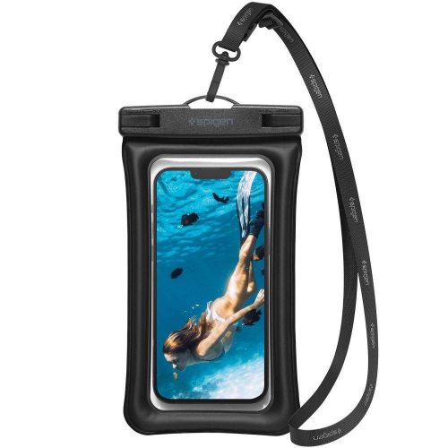 Univerzális vízálló tok, max. 7" méretű készülékekhez, max. 25 méterig, nyakba akasztható, patentos, Spigen Aqua Shield A610, fekete