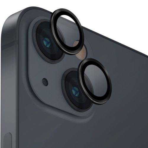Apple iPhone 14 / 14 Plus, Kamera lencsevédő fólia, ütésálló fólia, Tempered Glass (edzett üveg), alumínium keret, Uniq Optix, fekete