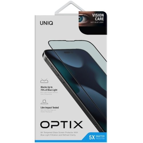 Apple iPhone 14 Pro Max, Kijelzővédő fólia, ütésálló fólia (az íves részre is!), Tempered Glass (edzett üveg), Anti Blue Ray, Uniq Optix VisionCare, fekete