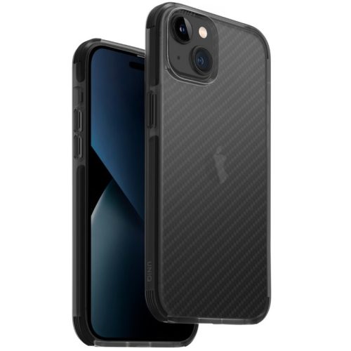 Apple iPhone 14 Plus, Szilikon keret + műanyag hátlap, közepesen ütésálló, légpárnás sarok, karbon minta, Uniq Combat Aramid, fekete