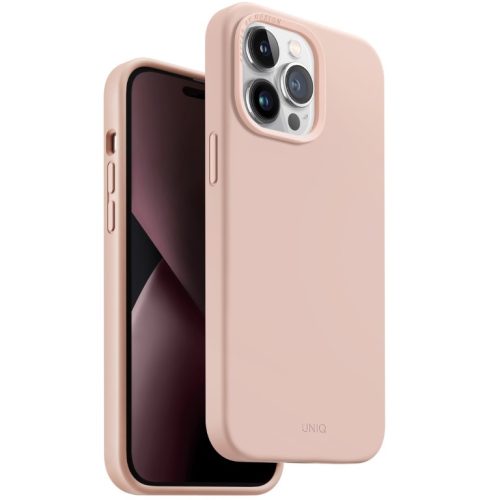 Apple iPhone 14 Pro, Szilikon tok, közepesen ütésálló, cserélhető hátsó kamera keret, Magsafe töltővel kompatibilis, Uniq Lino Hue, rózsaszín