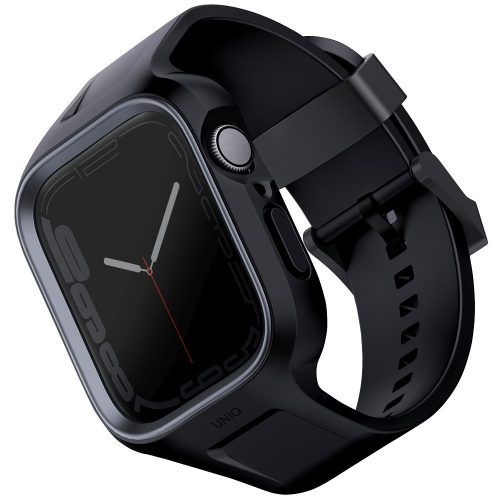 Apple Watch 1-6, SE (44 mm) / Watch 7-8 (45 mm), Műanyag + szilikon védőkeret, szíjjal, közepesen ütésálló, Uniq Monos, fekete