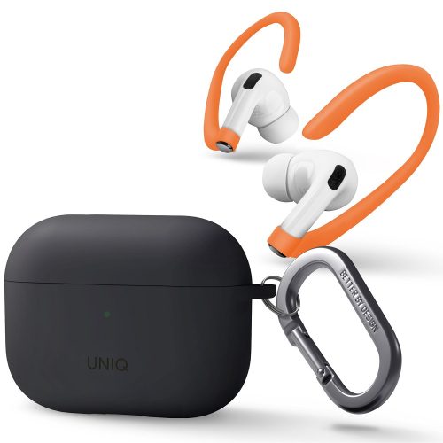 Bluetooth fülhallgató töltőtok tartó, szilikon + műanyag, vezeték nélküli töltés támogatás, karabiner, fülkampó, Apple AirPods Pro 2 kompatibilis, Uniq Nexo, szürke