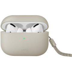   Bluetooth fülhallgató töltőtok tartó, szilikon, csuklópánt, vezeték nélküli töltés támogatás, Apple AirPods Pro 2 kompatibilis, Uniq Lino, bézs