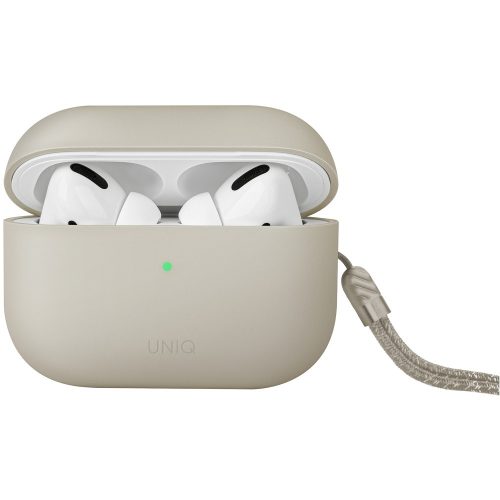 Bluetooth fülhallgató töltőtok tartó, szilikon, csuklópánt, vezeték nélküli töltés támogatás, Apple AirPods Pro 2 kompatibilis, Uniq Lino, bézs
