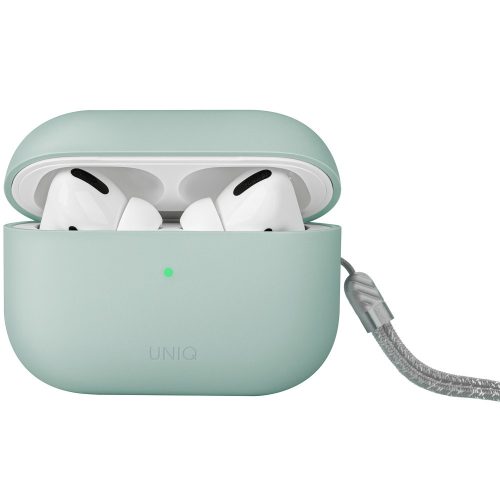 Bluetooth fülhallgató töltőtok tartó, szilikon, csuklópánt, vezeték nélküli töltés támogatás, Apple AirPods Pro 2 kompatibilis, Uniq Lino, zöld