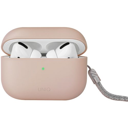 Bluetooth fülhallgató töltőtok tartó, szilikon, csuklópánt, vezeték nélküli töltés támogatás, Apple AirPods Pro 2 kompatibilis, Uniq Lino, rózsaszín