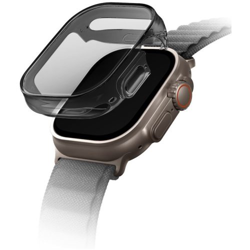 Apple Watch Ultra (49 mm), Szilikon védőkeret, 4H képernyővédő fóliával, szíj nélkül, közepesen ütésálló, Uniq Garde Hybrid, átlátszó/fekete