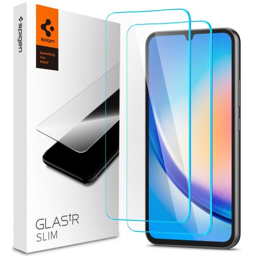 Samsung Galaxy A34 5G SM-A346B, Kijelzővédő fólia, (az íves részre NEM hajlik rá!), Tempered Glass (edzett üveg), Spigen Glastr Slim, Clear, 2 db / csomag