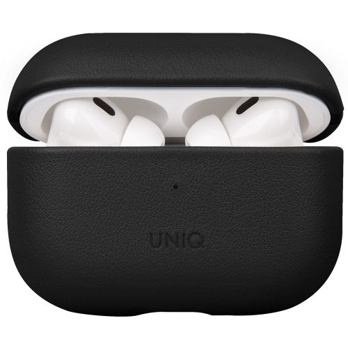 Bluetooth fülhallgató töltőtok tartó, Bőr, vezeték nélküli töltés támogatás, Apple AirPods Pro 2 kompatibilis, Uniq Terra, fekete