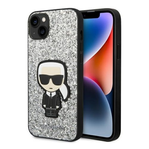 Karl Lagerfeld Glitter Flakes Ikonik Apple iPhone 14 Plus hátlap tok, ezüst