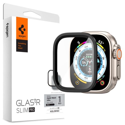 Apple Watch Ultra (49 mm), Kijelzővédő fólia, ütésálló fólia (az íves részre is!), Tempered Glass (edzett üveg), Spigen Glastr Slim Pro, fekete