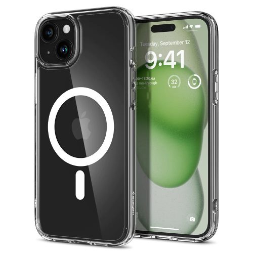 Apple iPhone 15 Plus, Műanyag hátlap védőtok + szilikon keret, Magsafe töltővel kompatibilis, Spigen Ultra Hybrid Mag, átlátszó/fehér