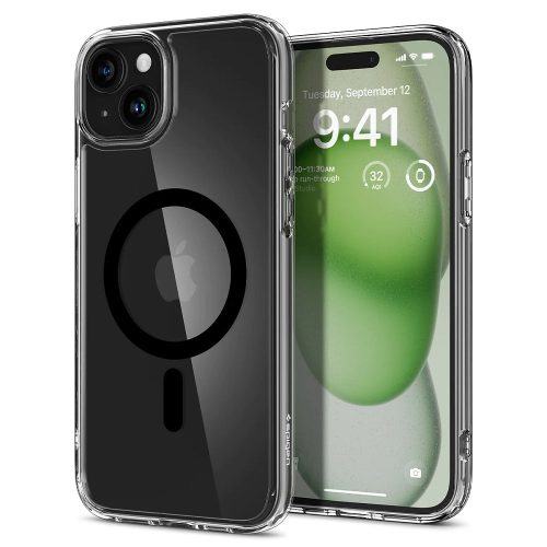 Apple iPhone 15 Plus, Műanyag hátlap védőtok + szilikon keret, Magsafe töltővel kompatibilis, Spigen Ultra Hybrid Mag, átlátszó/fekete