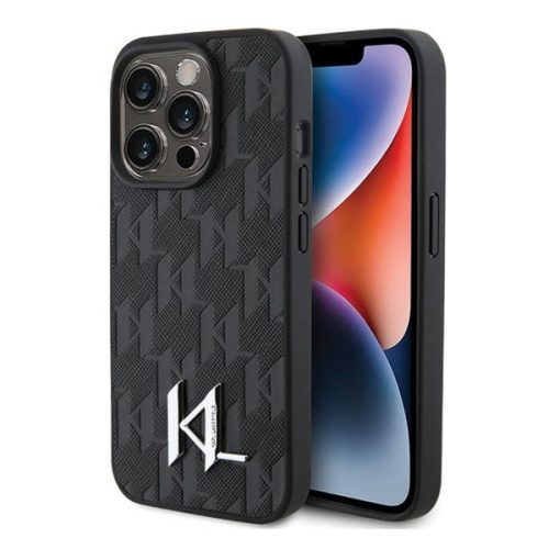 Karl Lagerfeld Leather Monogram Hot Stamp Metal Apple iPhone 15 Pro Max hátlap tok, fekete