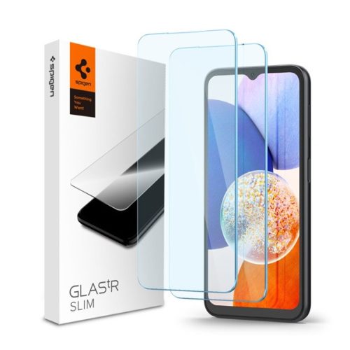 Samsung Galaxy A15 4G / A15 5G SM-A155F / A156B, Kijelzővédő fólia, (az íves részre NEM hajlik rá!), Tempered Glass (edzett üveg), Spigen Glastr Slim, Clear, 2 db / csomag