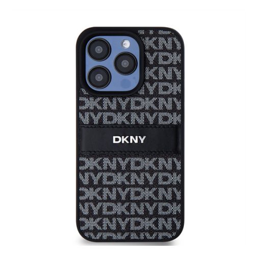 DKNY PU Leather Repeat Pattern Tonal Stripe Apple Iphone 15 Pro hátlap tok, fekete