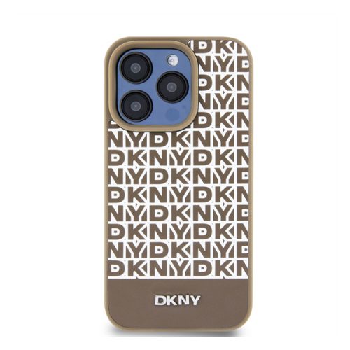 DKNY PU Leather Repeat Pattern Bottom Stripe Apple Iphone 15 Pro Magsafe kompatibilis hátlap tok, barna