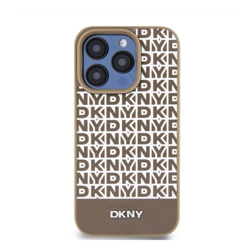 DKNY PU Leather Repeat Pattern Bottom Stripe Apple Iphone 15 Pro Magsafe kompatibilis hátlap tok, barna