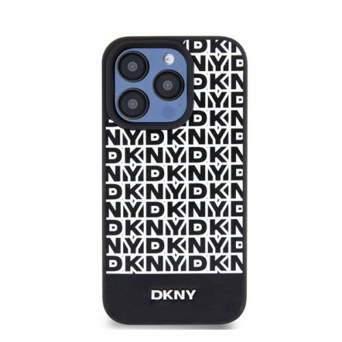 DKNY PU Leather Repeat Pattern Bottom Stripe Apple Iphone 15 Pro Magsafe kompatibilis hátlap tok, fekete