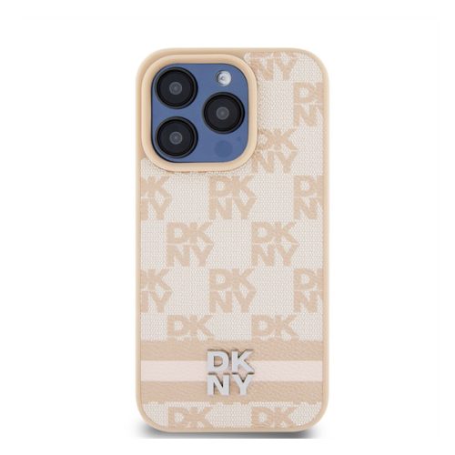 DKNY PU Leather Checkered Pattern and Stripe Apple Iphone 15 Pro tok, rózsaszín