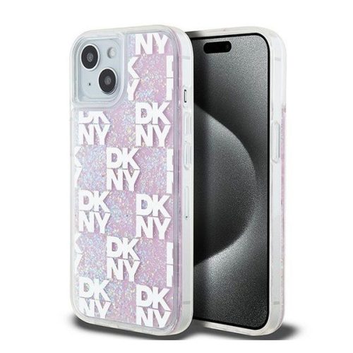DKNY Liquid Glitter Checkered Pattern iPhone 15 hátlap tok, rózsaszín