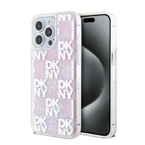 DKNY Liquid Glitter Checkered Pattern iPhone 15 Pro Max hátlap tok, rózsaszín