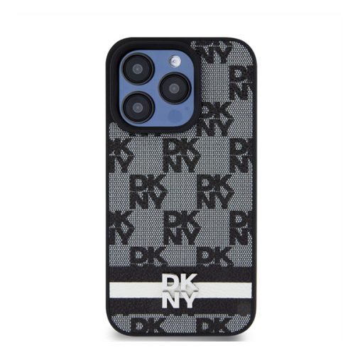 DKNY PU Leather Checkered Pattern and Stripe Apple iPhone 13 Pro hátlap tok, fekete