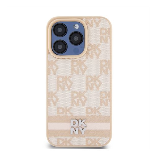 DKNY PU Leather Checkered Pattern and Stripe Apple iPhone 13 Pro Max hátlap tok, rózsaszín