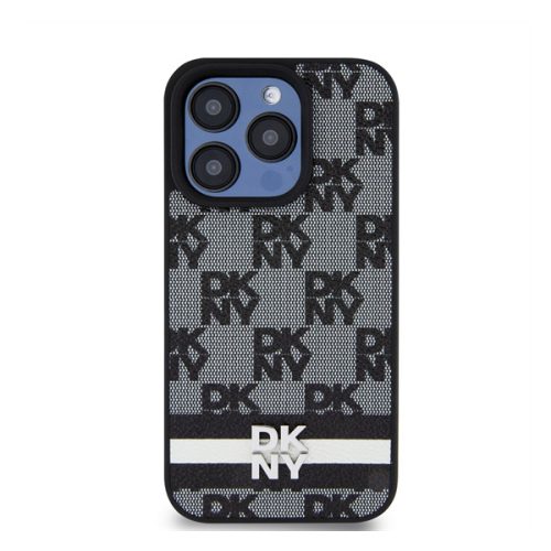 DKNY PU Leather Checkered Pattern and Stripe Apple iPhone 14 Pro hátlap tok, fekete