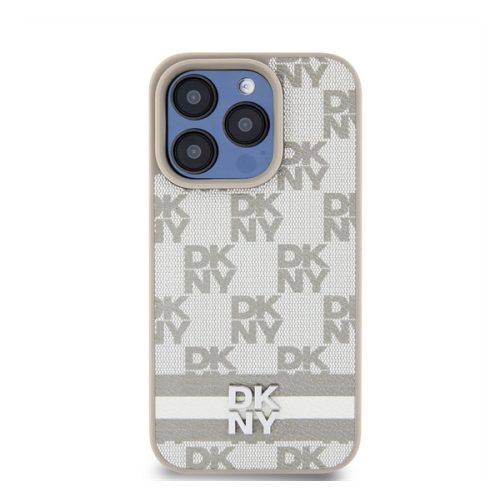 DKNY PU Leather Checkered Pattern and Stripe Apple iPhone 14 Pro Max hátlap tok, bézs