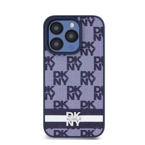 DKNY PU Leather Checkered Pattern and Stripe Apple iPhone 15 Pro Max hátlap tok, kék