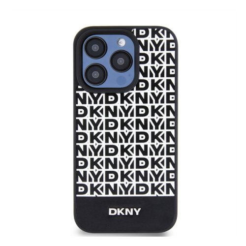 DKNY PU Leather Repeat Pattern Bottom Stripe Apple iPhone 13 Pro Magsafe kompatibilis hátlap tok, fekete