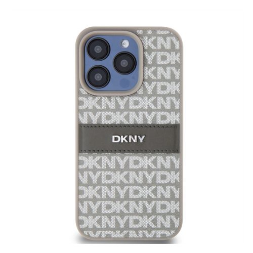 DKNY PU Leather Repeat Pattern Tonal Stripe Apple iPhone 14 Pro Max hátlap tok, bézs