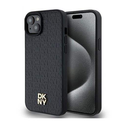 DKNY PU Leather Repeat Pattern Stack Logo Apple iPhone 15 Magsafe kompatibilis hátlap tok, fekete