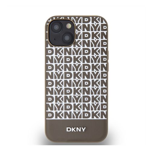 DKNY PU Leather Repeat Pattern Bottom Stripe Apple iPhone 14 Magsafe kompatibilis hátlap tok, barna