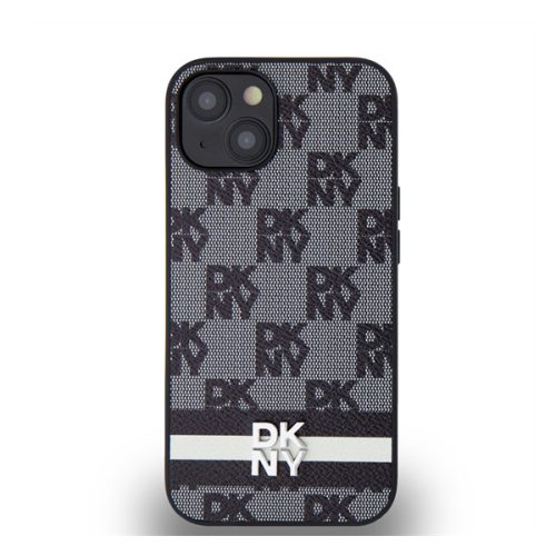 DKNY PU Leather Checkered Pattern and Stripe Apple iPhone 14 hátlap tok, fekete