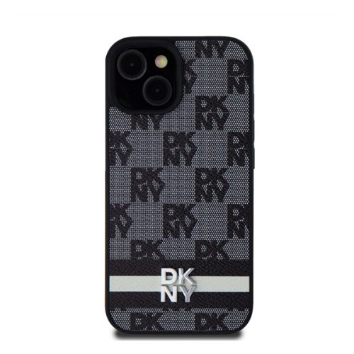 DKNY PU Leather Checkered Pattern and Stripe Apple iPhone 15 hátlap tok, fekete
