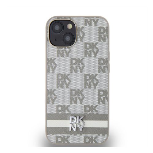 DKNY PU Leather Checkered Pattern and Stripe Apple iPhone 14 hátlap tok, bézs