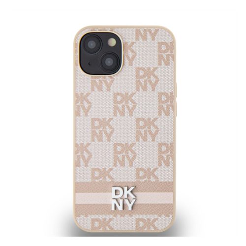 DKNY PU Leather Checkered Pattern and Stripe Apple iPhone 14 hátlap tok, rózsaszín