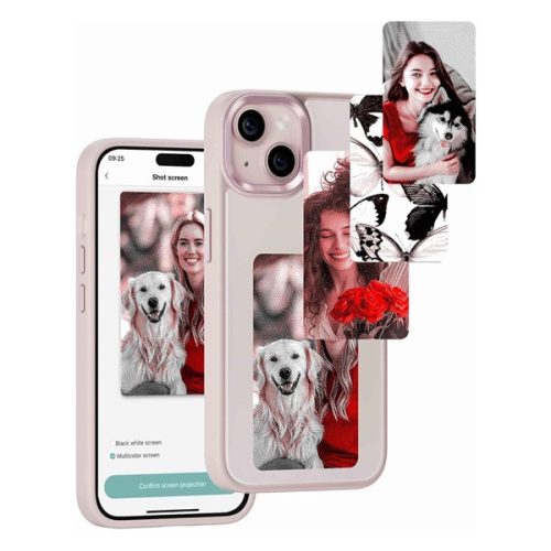 Apple iPhone 15, Műanyag hátlap védőtok + szilikon keret, okos telefontok, programozható NFC kijelzővel, E-Ink, rózsaszín