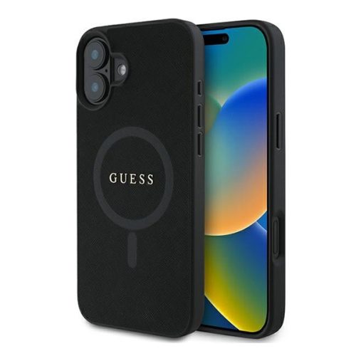 Guess Saffiano Classic Logo Apple iPhone 16 Plus Magsafe kompatibilis hátlap tok, fekete